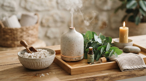 Aromaterapia botánica y difusor ultrasónico con aceites de eucalipto