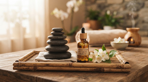 Piedras volcánicas calientes y aceites esenciales naturales para masajes